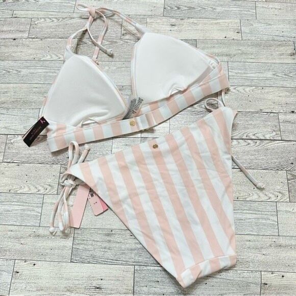 VICTORIA’S SECRET STRIPE HALTER PADDED TOP & BIKINI‎ BOTTOM SET LARGE - Picture 5 of 8